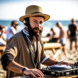 A short brown beard DJ with a hat on his head, sing at microphone, many electronic consoles around,dunes beach, FRONT VIEW