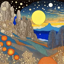 Colourful, peaceful, Max Ernst, Gustav Klimt, night sky filled with galaxies and stars, rock formations, trees, flowers, one-line drawing, sharp focus, 8k, 3d, intricate, ornate