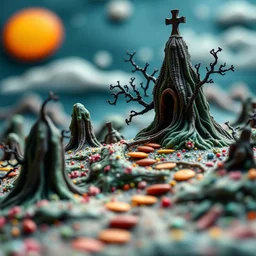 Detailed creepy landscape made of cake-frosting, sun, Amano, Roger Dean l, strong texture, Ernst Haekel, extreme detail, intricate, colours, Max Ernst, decal, rich moody colors, sparkles, bokeh, hasselblad h6d400c