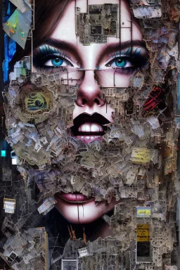 Ultra detailed medium portrait painting of anxiety , torn up collage of clippings, broken circuitry background, matrix effects, punk visual art, punk art aesthetic, graffiti art, pop surrealism, collage art, cluttered paint glitches