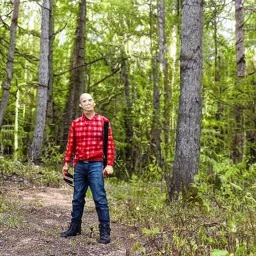 Georges st pierre with a red plaid shirt a jean, a military backpack and a shotgun in the forest