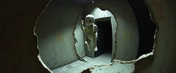 ghost doll barely hanging on, master oil painting by Escher and Giger, sodom in the style of Fallout 4, pinhole cam pic, dimensional door, tear in the fabric of reality