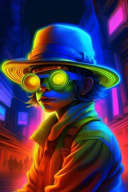 neon city scene with a character in a straw hat with square pilot goggles