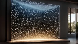 3D installation, expressive dynamics, highly detailed perfect transparent outline, made of tiny glass dots, smoke effect, sun rays, waves, dynamics, masterpiece, high quality, complex lighting