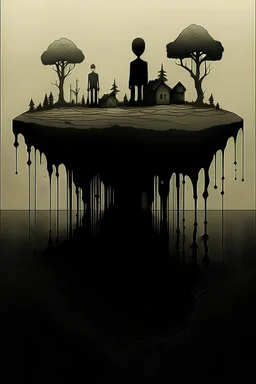 UPSIDE-DOWN world, reversed vertical, Gris Grimly and Magritte deliver a dark surreal masterpiece, muted colors, sinister, creepy, sharp focus, dark shines, upside-down, reversed vertical composition, upside-down picture