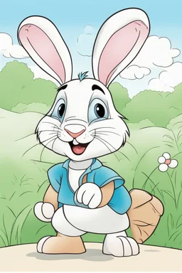 blank colouring book, white background, simple picture for toddlers, rabbit, four legs, smile on face, disney and pixar style