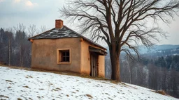 a lonely old adobe hut with worn adobe brown-gray wall and a small window, a crumbling roof, an old chimney stands on a hill, next to it is a small woodshed by the wall, and an old withered tree leans over the hut, the hut stands on the edge of a European forest, winter, snowy landscape, low light, dawn, high detailed, sharp focus, high realistic, perfect photo