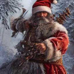 Insanely detailed photograph of an “D&D warrior santa” with intricate detailed beard, intricate embroidered clothing, hyperdetailed painting by Ismail Inceoglu Huang Guangjian and Dan Witz CGSociety ZBrush Central fantasy art album cover art,8K, hdr, mysterious, ominous, snowflakes,jolly