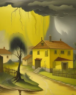 A pale ivory yellow district with a voodoo house in a thunderstorm painted by Peter Carl Faberge