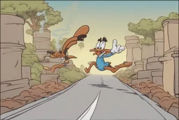 mostly sky, ground line at bottom, small cartoon road runner on the bottom right running towards the right side, leaving behind a puff of smoke. style of looney toons cartoon