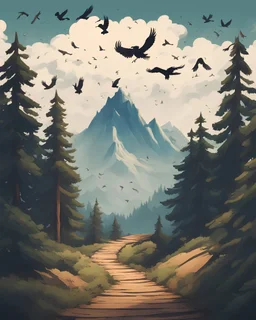 a path that leads to a mountain top, in a pine wood forest, birds flying in the sky in the style of video game art cover