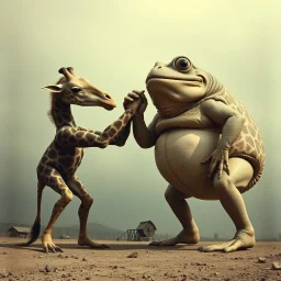 oddball hallucination, anthropomorphic Lovecraftian muscular giraffe in arm-wrestling contest with a colossal obese anthropomorphic bipedal toad, evolutionary mistakes, surreal, sinister, profound, dramatic, creepy, grainy photograph, "Over the Top" movie aesthetic