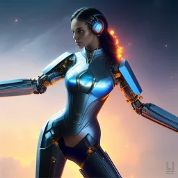 cosmos masterpiece, humanoid sexy cyborg robot with sword hands, sango fantasy, fantasy magic, sharp focus, illustration, highly detailed, digital painting, concept art, matte, artgerm and paul lewin and kehinde wiley, full figure, fit in board, cyber punk, pretty accurate hands face fingers, natural aye, fit within portrait