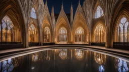 2025, delightful, sensitive, confident, undulating sinusoidal cathedral with pointed hyperbolic roofs, delicate, night, darkness, water features, exquisite architecture, innovative design, award-winning photograph, beautiful composition, filled with beautiful detail, delicate colour, chiaroscuro