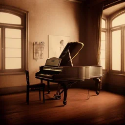 The main character in an old silent film playing piano in the room, Photorealistic, polychromatic, geometric, filmic, complex, cinematic postprocessing, Photography, Nikon, HDR, 64 megapixels, 4k resolution