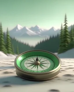 a beautiful, ultra-realistic compass in the sand. In the background, a ultra realistic green forest and a ultra realistic snowy mountain. 4K