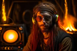 Portrait animateur radio hippie cyberpunk, incendie en arrière plan