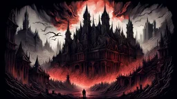 Pandemonium - The Capital Of Hell || horror landscape, in the styles of Dan Mumford and Ian Miller and Jason Barnett, gothic colors, ink wash, cinematic, insanely detailed, sharp focus