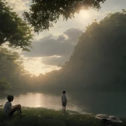 In the anime, a young male character is near the green lake in the sunset afternoon.