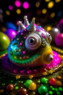 portrait of glittery haired twisted porcupine slug snail on a yoga space ship made of ice cream, smiling with beautiful shiny ears, each inside a pile of transparent jelly bubbles of weird colors with insect aliens inside, disco egg made of small mirror, light rayz, feast table ,shot on Hasselblad h6d-400c, zeiss prime lens, bokeh like f/0.8, tilt-shift lens 8k, high detail, smooth render, down-light, unreal engine, prize winning