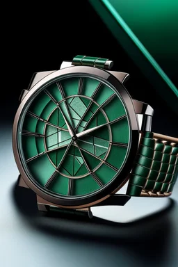 "Imagine an avant-garde display featuring an aventurine dial watch with a unique geometric watch face, set against a futuristic backdrop, portraying a blend of traditional craftsmanship and modern design."