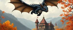 portrait of a shiny black dragon squirrel in autumn, flying above wooden castle, breathing smoke, book illustration