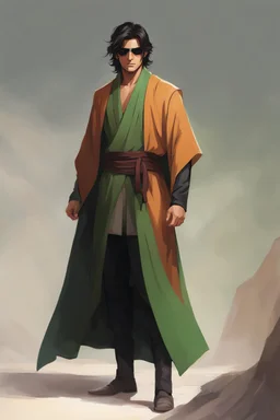 Full Body, Male Tan Human, Jedi Order, Red Blindfold, Green and Black Robes, Handsome face, Black hair.