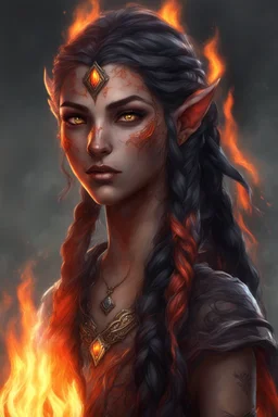 Fire Eladrin druid female. Hair is long and bright black half braided and fire comes out from it. Eyes are noticeably red color, fire reflects. Creates with both hands . Has a big scar over whole face. Skin color is dark