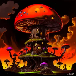 A fantabulous black, lime, and tangerine (((mushroom tower house))) erected atop a (geologic pillar), surrounded by the uncanny imaginative ((( swirling skies))), offset by the stark hues of a (neon-tinged nebulous space scape), within. captured by the hand a skilled master painter with a focus on (softly blurred compositions and voluminous lighting).