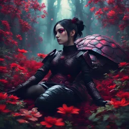 Petit girl goth, lying pose, halfbody, behind spatial turtle samurai iridescent, blood, futuristic, guts, wildflower, cosmic, intricate, darkred tones,sidhe, ominous, nature, plants,