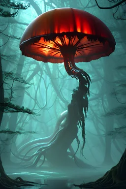 Alien forest with an umbrella made from a jellyfish, photorealistic, Detailed Matte Painting, Deep Colour, Fantastical, Intricate Detail, sunshine, blue sky