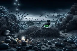 dark fantasy land with mystic, fog, deep cloros, burning landscape with mist, dark fantasy plants, silver and onix crystal eggs lying in sand, pale lights, rocks, weird surreal big dark rabbit-bird mutants, dark fantasy mood, sureal, high quality, high contrast, cinematic, atmospheric, weird mood