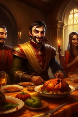 Strahd Von Zarovich eating Thanksgiving dinner with an evil grin