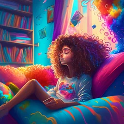 A beautiful girl with curly hair is sitting on the sofa in her room and her beautiful and colorful dreams are flying around the room. A room full of joy and passion and color, digital art, 4k, full details, high resolution