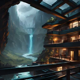 inside a cyberpunk armory room, windows reveal cliffs and a stormy river rapids below, nighttime storms