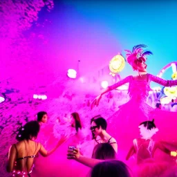 Ultra Realistic photo, medium shot view, drunken dancer sexy women, carnival scene, steampunk. Pink hair, confeti, Sunglasses, smoking, happy, festival, red fog. highly detailed, concept art, unreal engine 5, ray tracing, RTX, lumen lighting, ultra detail, volumetric lighting, 3d, finely drawn, high definition, high resolution.