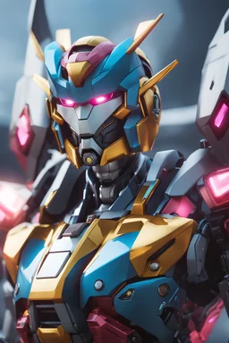 super robot with elements of Gundam, cool, gorgeous looks, anime, colorful outfit, highly detailed, sci-fi, futuristic, soft lighting, cinematic lightning, symmetrical, intricate, octane, bright color, 8k high definition, unreal engine 5, good pose, photo, sharp focus, ultra realistic, perfect anatomy, armor with glitter diamonds, jeweled skin, crystals, sapphires, ornate, white, translucent, silver