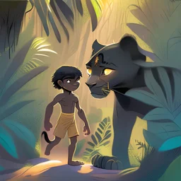 digital cartoon art style for kids, illustrate A animal black panther named bagheera the black panther meets Mowgli, a young human boy, in the jungle. Bagheera's sleek black fur glistens in the sunlight as he approaches the boy. Mowgli is small and vulnerable, but Bagheera senses a strength within him that he wants to nurture.