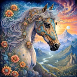 a painting HORSE of Quantum Level Psychedelic DMT dimension Dimensional 33 seed in a fantasy setting, a detailed painting inspired by Josephine Wall, trending on deviantart, fantasy art, intricate fantasy painting, highly detailed visionary art, beautiful fantasy painting