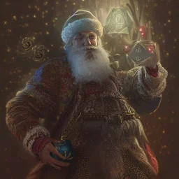 Insanely detailed photograph of an “D&D cleric santa holding glowing D20” with intricate detailed beard, intricate embroidered clothing, hyperdetailed painting by Ismail Inceoglu Huang Guangjian and Dan Witz CGSociety ZBrush Central fantasy art album cover art,8K, hdr, mysterious, ominous, snowflakes,jolly