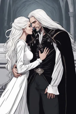 Strahd Von Zarovich being kissed by a beautiful woman with white hair, wearing an off the shoulder dress. Settling and background are a lavish toomb with an ebony coffin.