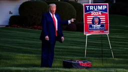 trump 2024 campaign signs all over lawn while manly woman screaming on phone