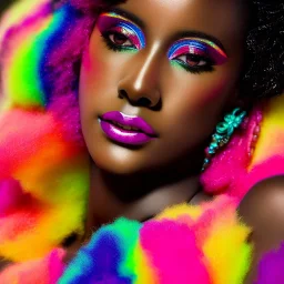 masterpiece, best quality, woman, dark skinned, sparkling eyes, fluorescent skin, colorful makeup, afro, full body shot, highly detailed body, sun light, 4K, RAW, depth of field, high contrast, realistic details, 24mm