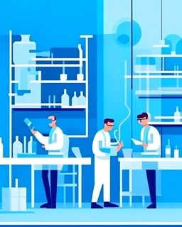 Vaccine research, scientists conducting experiments in laboratory. Vector illustration in flat style