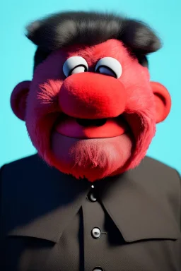 Waist up muppet Portrait, Kim Jong-un as muppet doll, black suit, photo studio, red background, unreal engine 5, concept art, art station, god lights, ray tracing, RTX, lumen lighting, ultra detail, volumetric lighting, 3d.