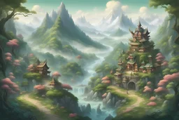 This fairyland map depicts a wonderland nestled between green mountains and green waters. In the picture, the distant mountain peaks are cloudy and mist, like a giant dragon entrenched in the sky. Below the mountain is a dense forest, with emerald green leaves and flowers forming a beautiful landscape. Walking up the mountain road, you can see a quaint pavilion next to a crystal clear stream with a variety of brightly colored fish swimming in the water. In the pavilion sits a fairy dressed in go