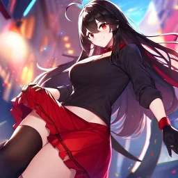 Clear focus,High resolution,High quality, Smiling, Black shirt with a red collar, Wearing a red skirt, Wearing black long socks, Black Long hair with a ahoge, Red eyes, Wearing black gloves