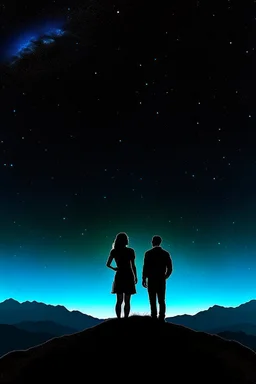 black background on a mountaintop and two silhouettes of a fit man and a silhouette of a fit woman looking at the stars