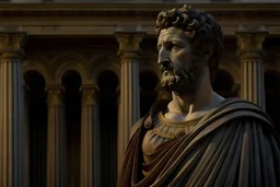 handsome marcus aurelius deep thinking in a philosophical way in front of a temple evening time