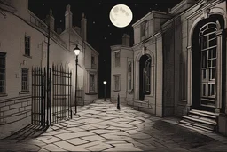 A chillingly eerie cartoon-style image of courtyard, , moonlight, lamppost, london, victorian